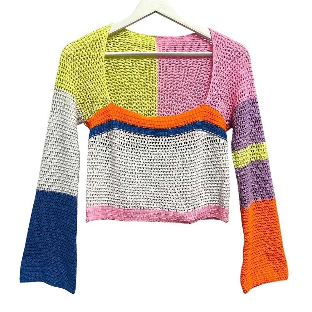 Unbranded Crochet Crop Top S Multicolor Colorblock Bell Sleeve Festival Retro